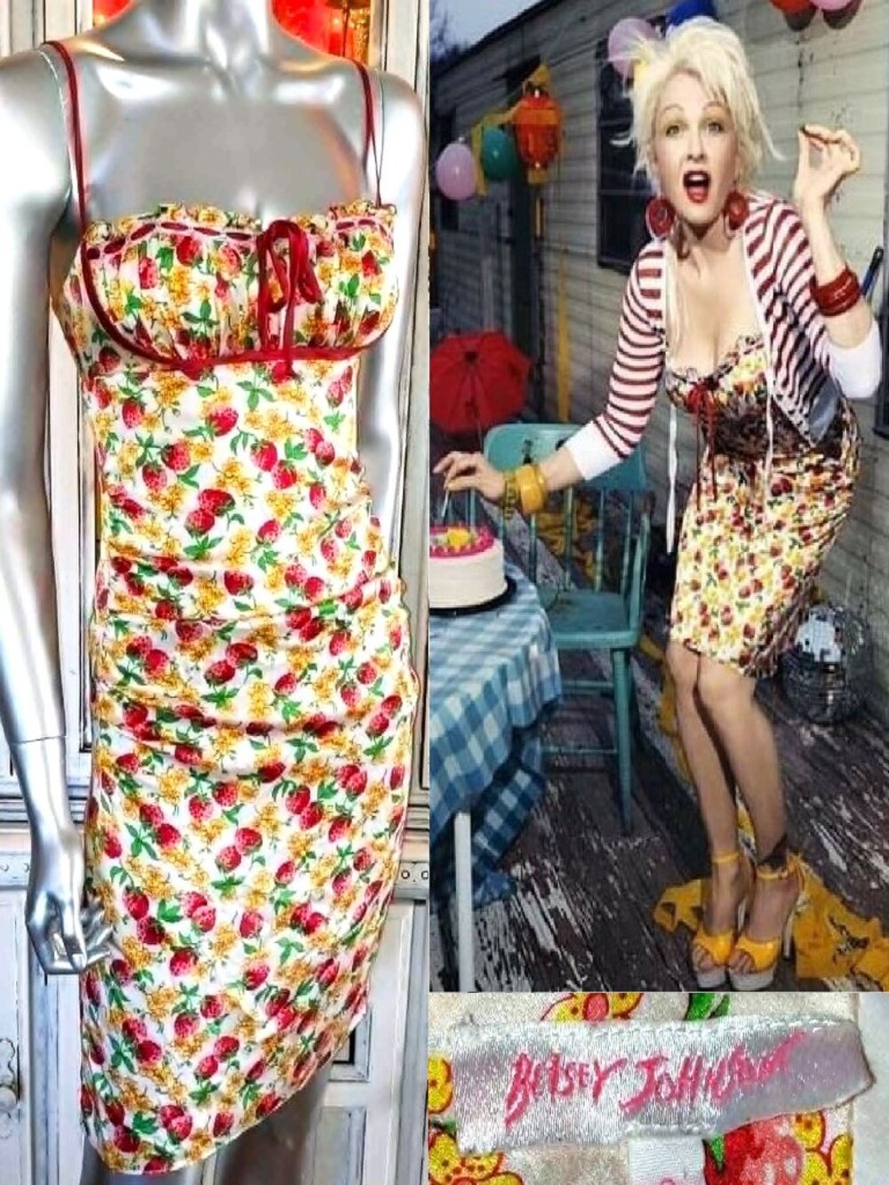 Vintage Betsey Johnson Silk Strawberry Milkmaid Dress Floral Fruit Pinup Slip S